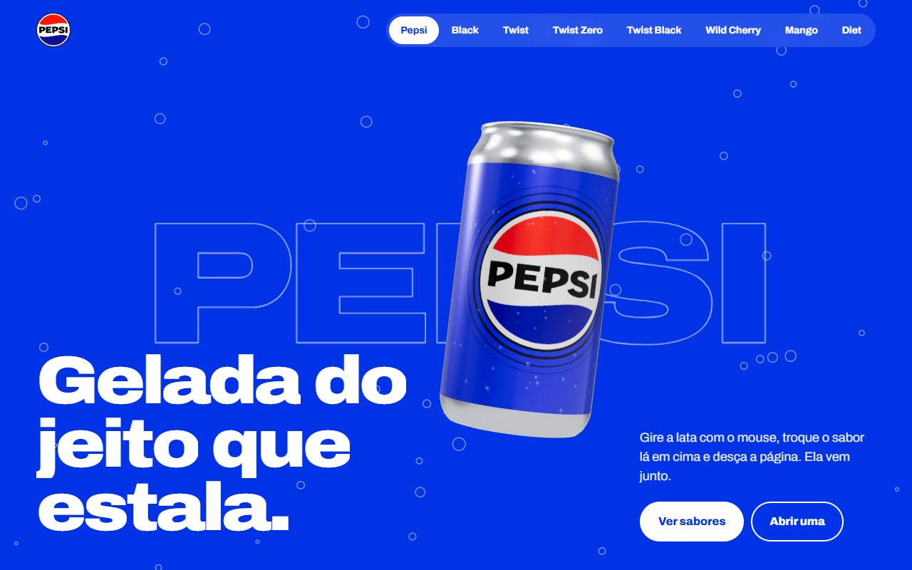 Tela do conceito Pepsi, com a lata em 3D