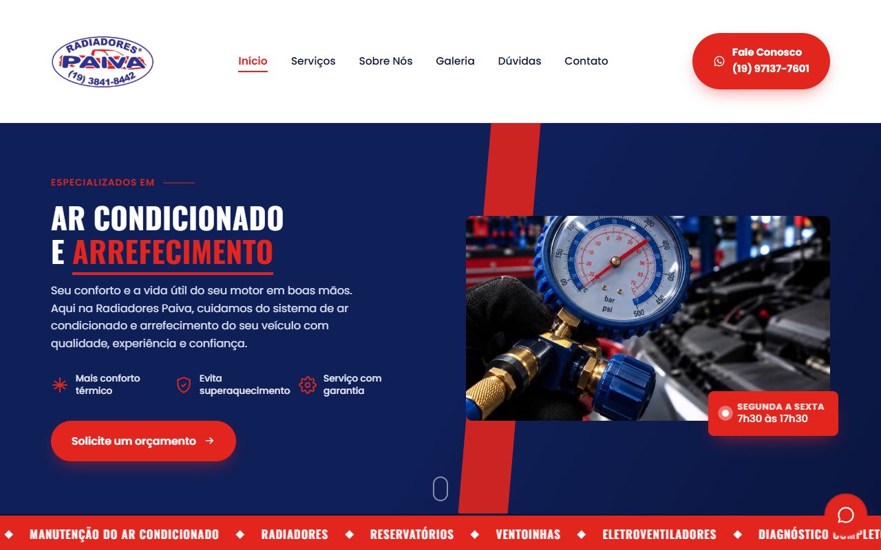 Tela do site do Radiadores Paiva