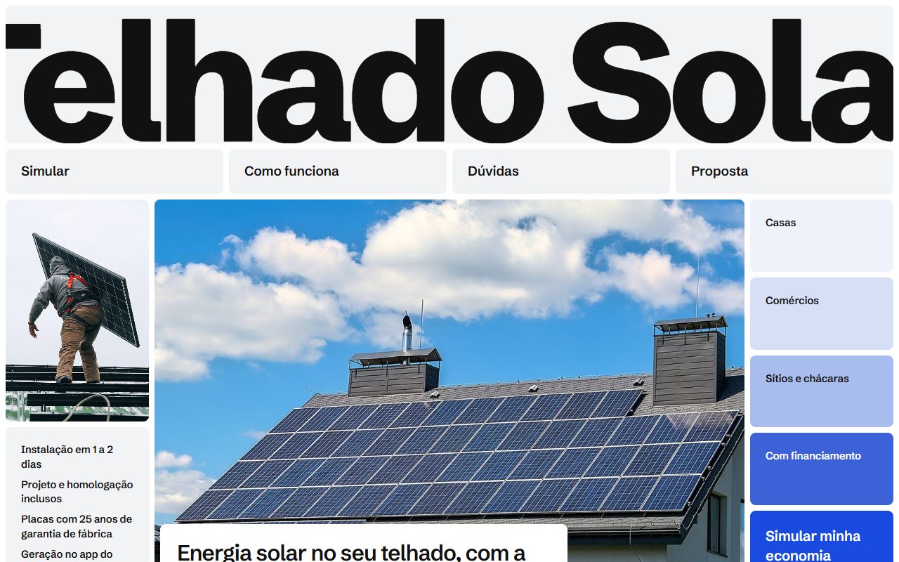Tela do site da Telhado Solar