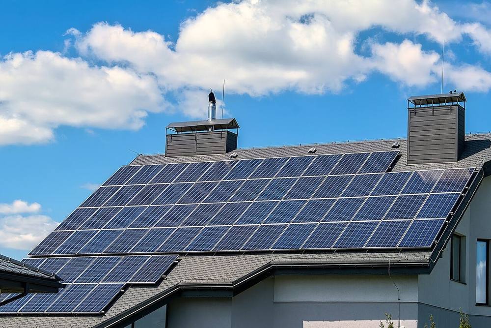 Casa com placas solares no telhado sob céu azul