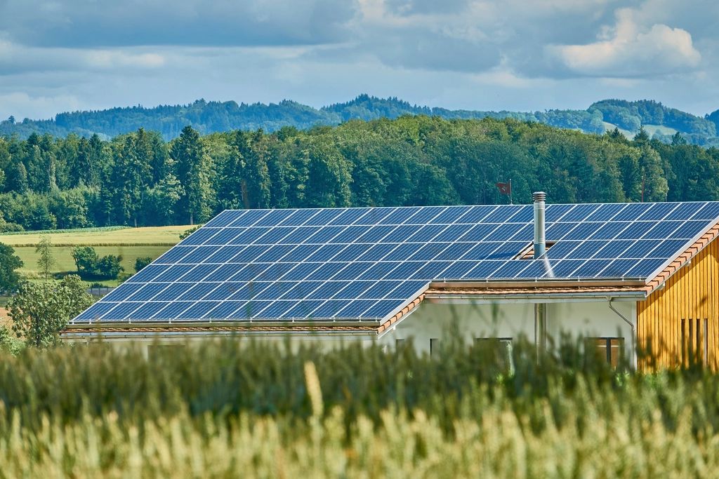 Telhado inteiro coberto de placas solares no campo